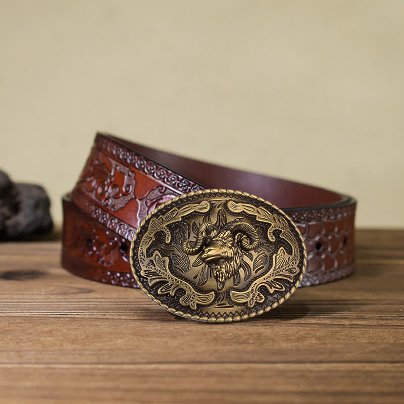 Ceinture en cuir à boucle tête de chèvre sauvage en bronze pour homme