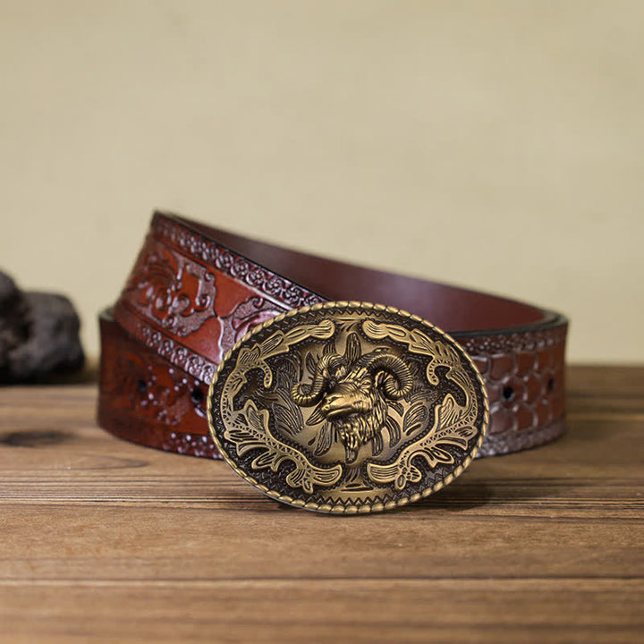Ceinture en cuir à boucle tête de chèvre sauvage en bronze pour homme