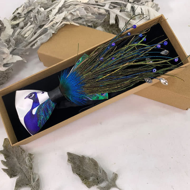 Nœud papillon en plumes et perles de paon bleu