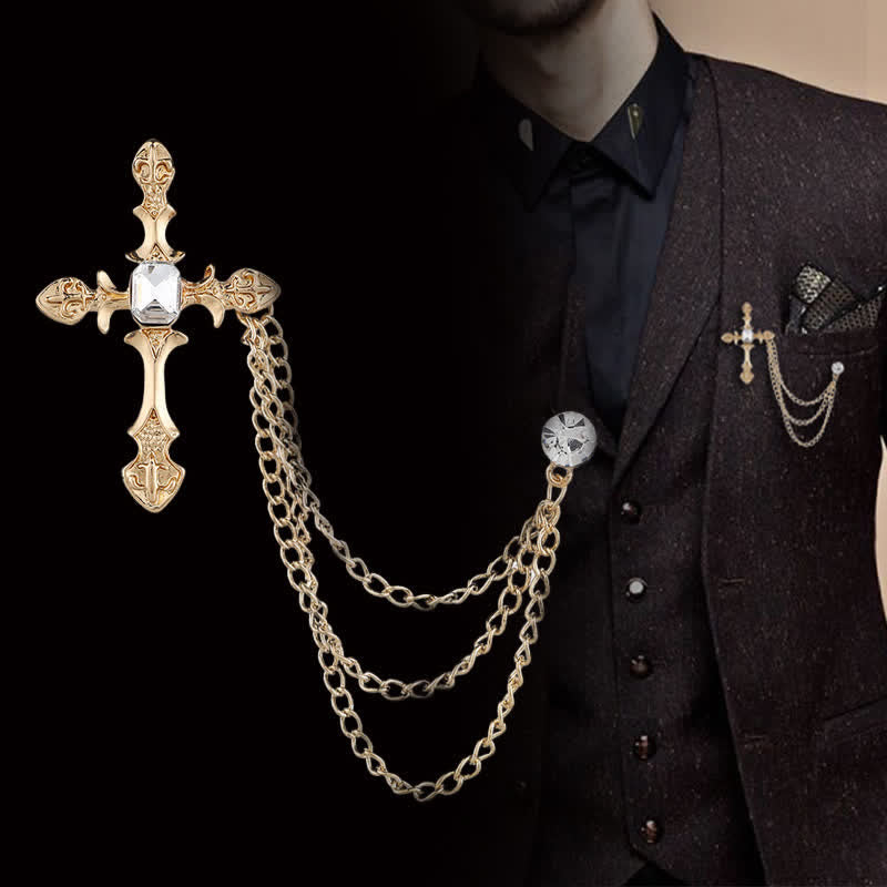 Broche classique en chaîne et cristal pour homme - Or et Blanc - image 3