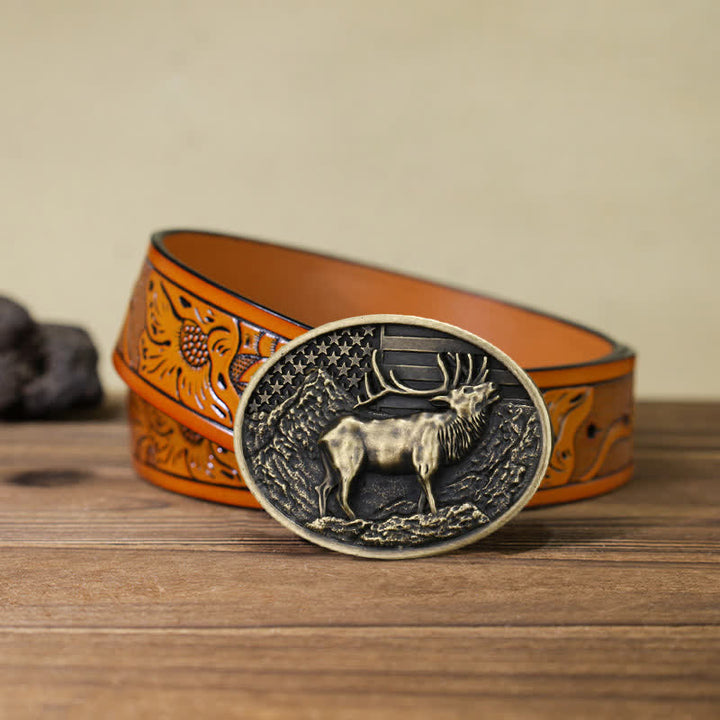 Ceinture en cuir à boucle pour homme avec drapeau américain et élan