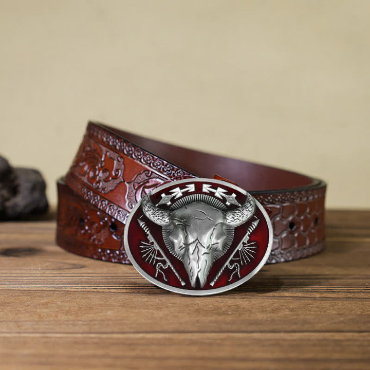 Ceinture en cuir à boucle tête de mort de taureau à thème indien pour hommes