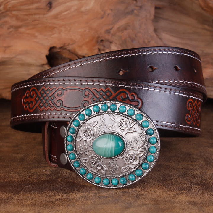 Ceinture unisexe en cuir sculpté avec agate de jade turquoise rose