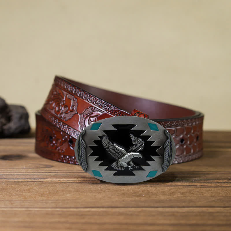 Ceinture en cuir à boucle pour homme avec motif aigle volant occidental