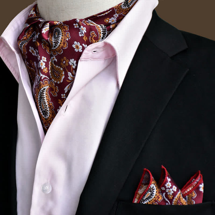 Ensemble de 2 mouchoirs de poche et cravates de luxe à motif cachemire floral rouge foncé