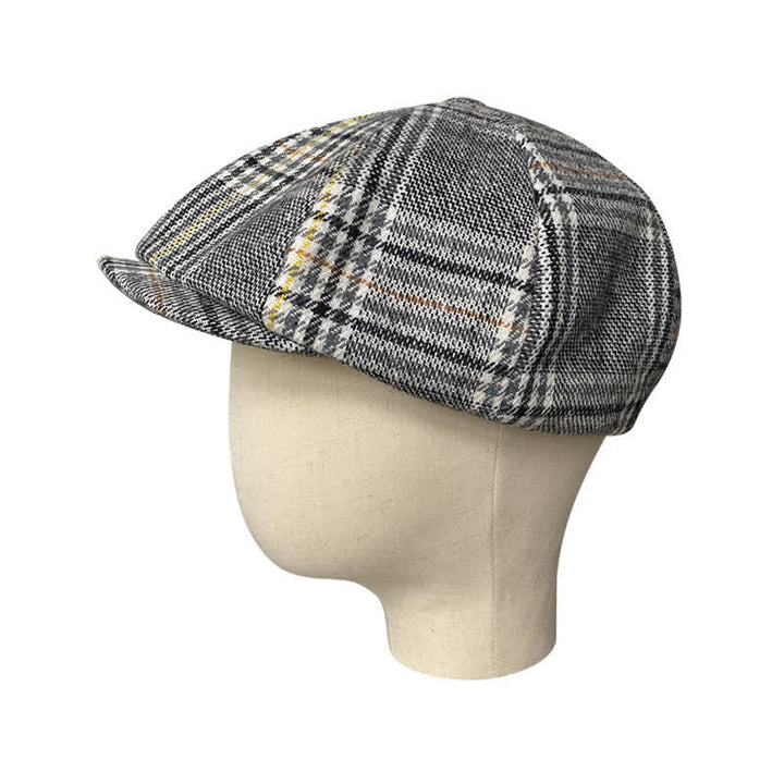 Casquette béret gavroche à carreaux gris et rayures jaunes