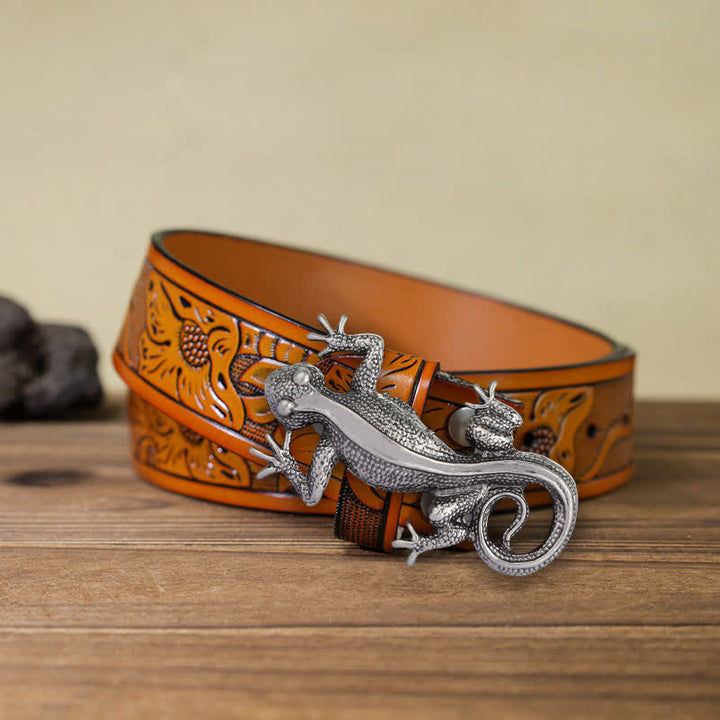 Ceinture en cuir à boucle unique en forme de lézard argenté pour homme
