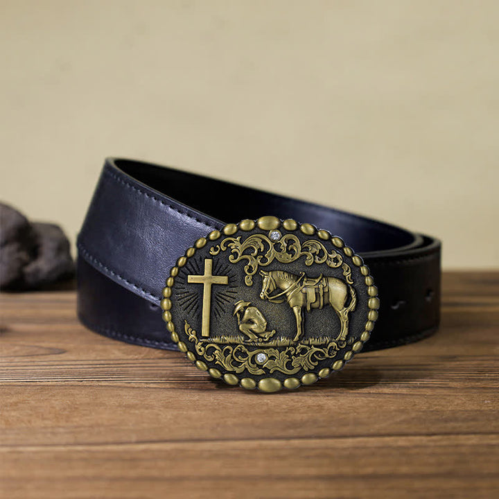 Ceinture en cuir à boucle pour homme avec prière à genoux en croix