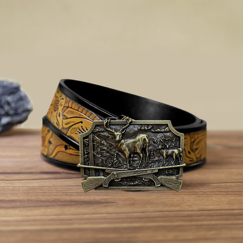 Ceinture en cuir à boucle pour homme avec fusil de chasse et cerf