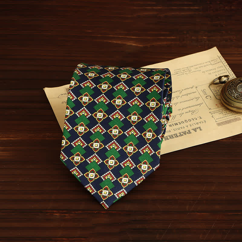 Cravate de luxe à motif géométrique médaillon pour homme - Vert et bleu marine - image 1
