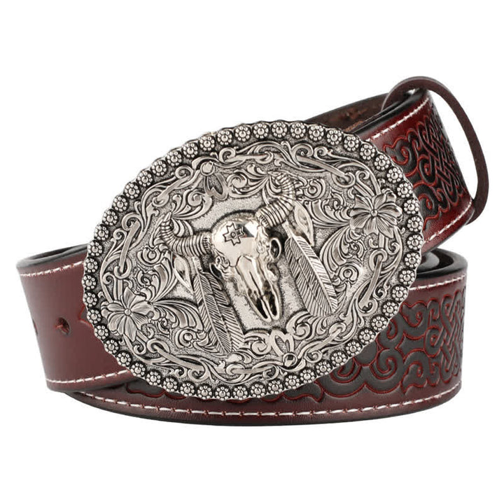Ceinture en cuir pour homme avec plumes gravées et motif taureau
