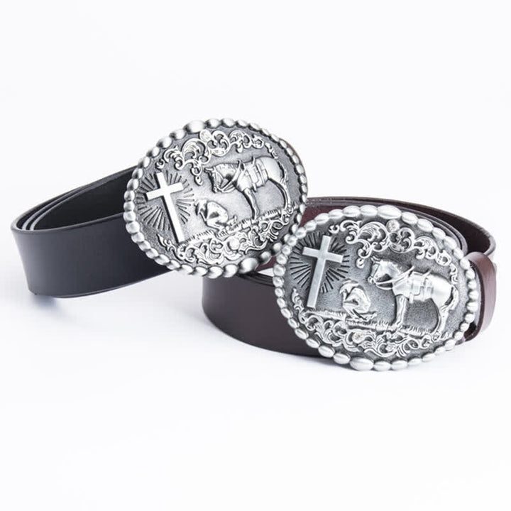 Ceinture en cuir pour homme avec croix de prière à genoux