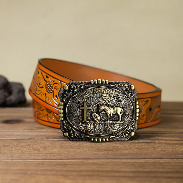 Ceinture en cuir à boucle de prière à genoux pour homme avec croix de cheval à faire soi-même