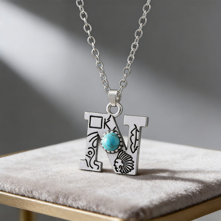 Collier vintage avec pendentif turquoise et initiale - N - image 14
