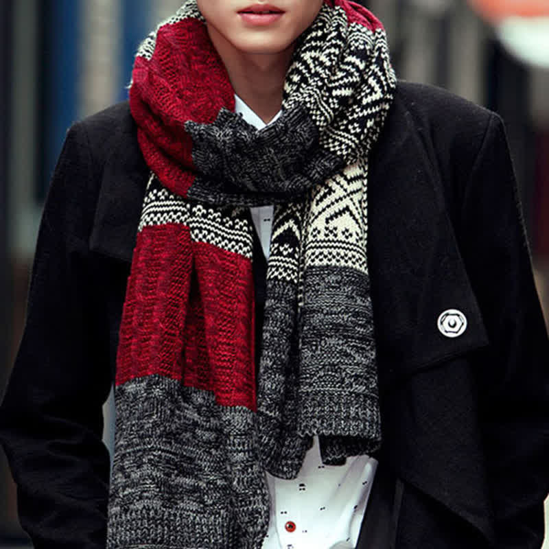 Écharpe en tricot à motif argyle pour homme avec blocs de couleurs - Noir - image 0