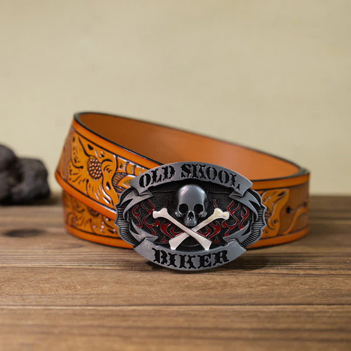 Ceinture en cuir à boucle croisée pour homme avec tête de mort et os