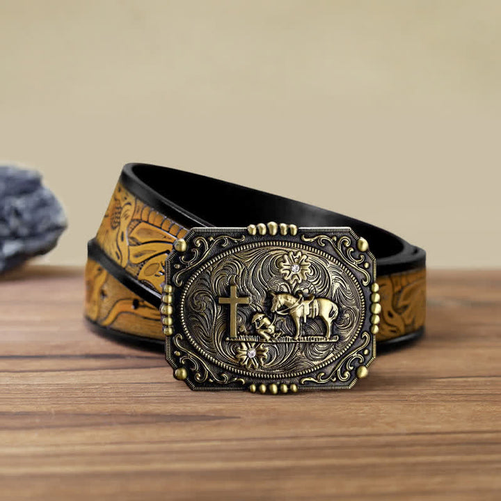 Ceinture en cuir à boucle de prière à genoux pour homme avec croix de cheval à faire soi-même