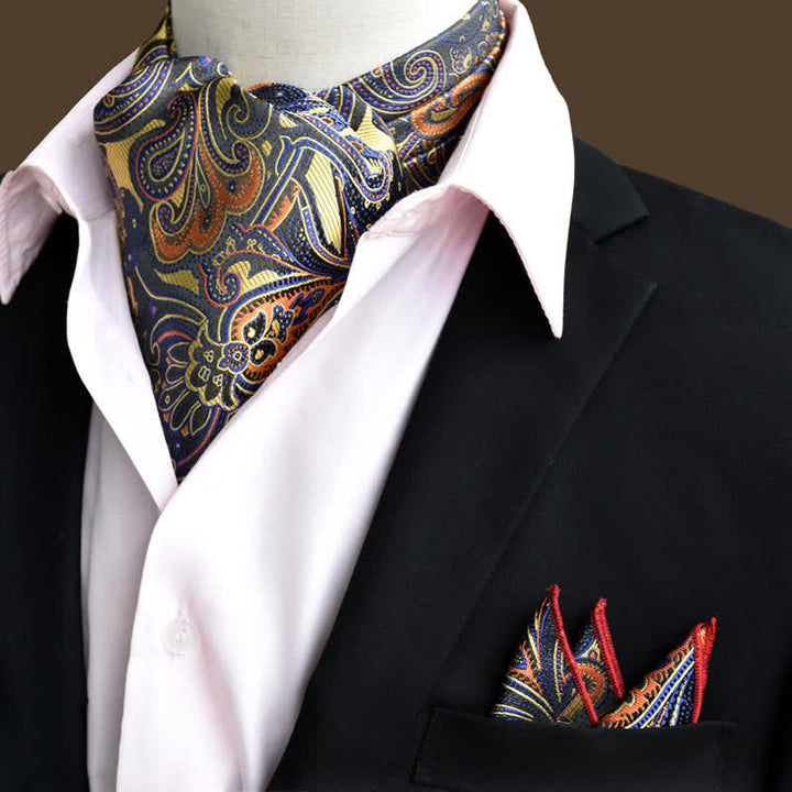 Ensemble de 2 mouchoirs de poche et cravate de luxe à motif cachemire floral orange et bleu marine