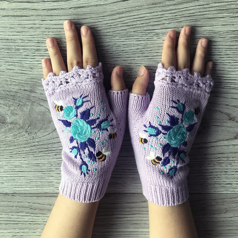 Gants tricotés demi-doigts brodés de fleurs pour femmes