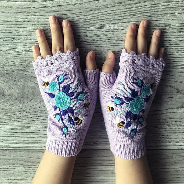Gants tricotés demi-doigts brodés de fleurs pour femmes