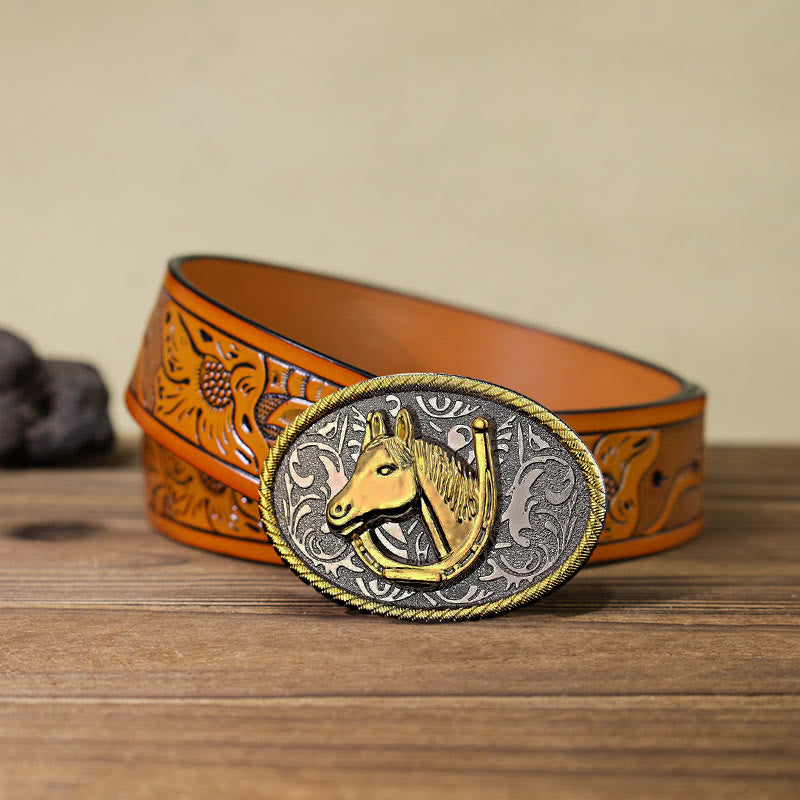 Ceinture en cuir à boucle en forme de fer à cheval doré pour homme