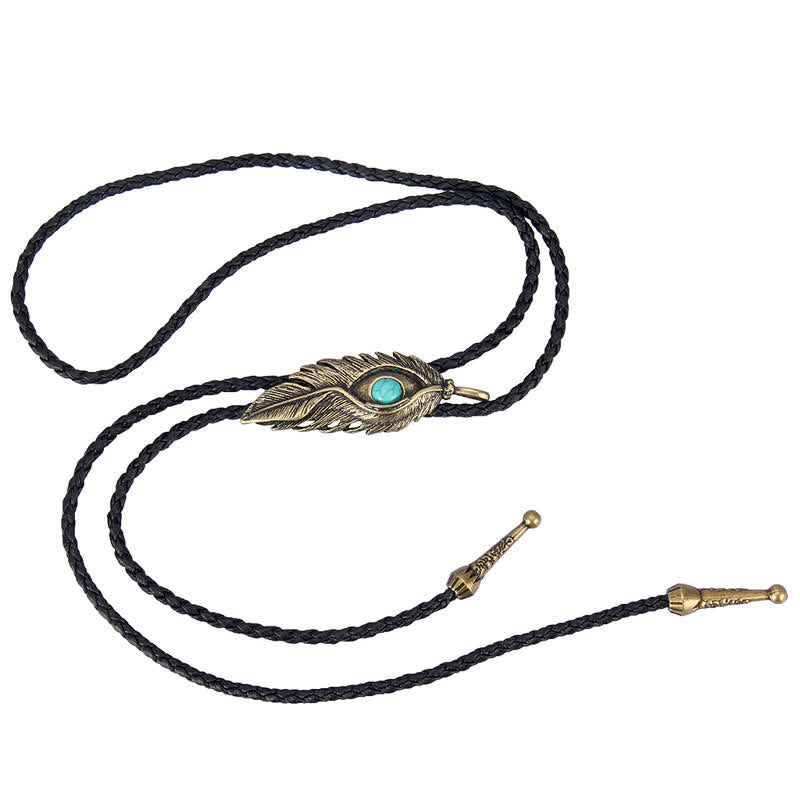 Cravate bolo en forme de plume avec incrustation de pierre turquoise bleue