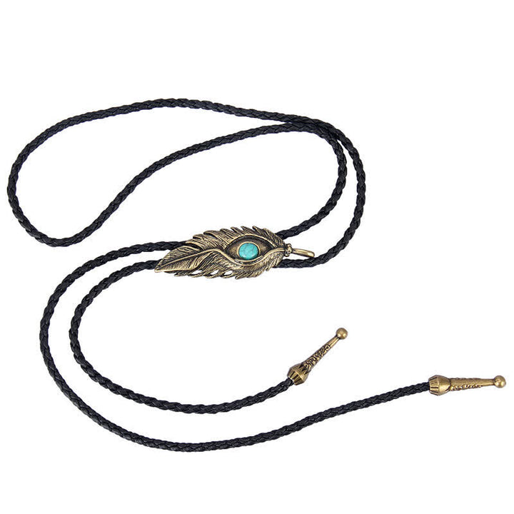 Cravate bolo en forme de plume avec incrustation de pierre turquoise bleue