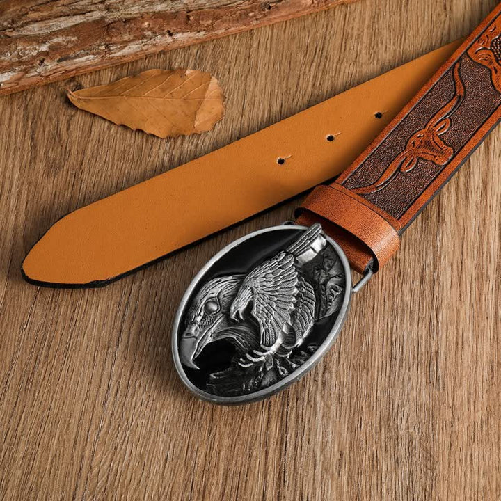 Ceinture en cuir avec boucle en forme d'aigle à tête sculptée blanche pour homme