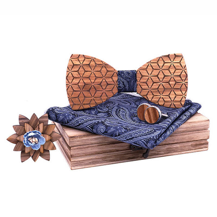Lot de 4 nœuds papillon en bois sculpté géométrique pour homme