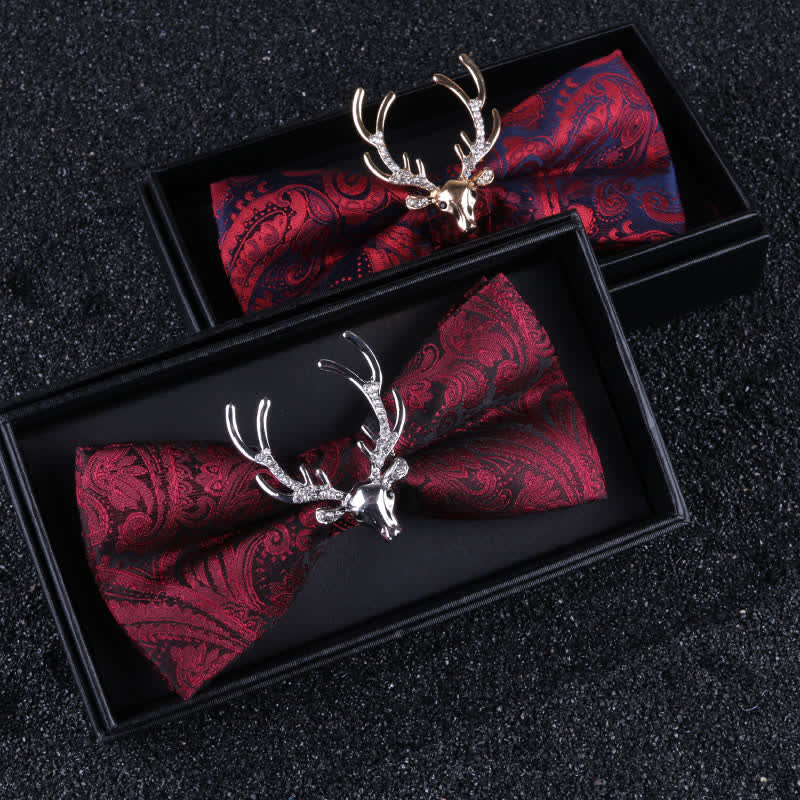 Nœud papillon pour homme avec motif cachemire et tête d'élan de Noël