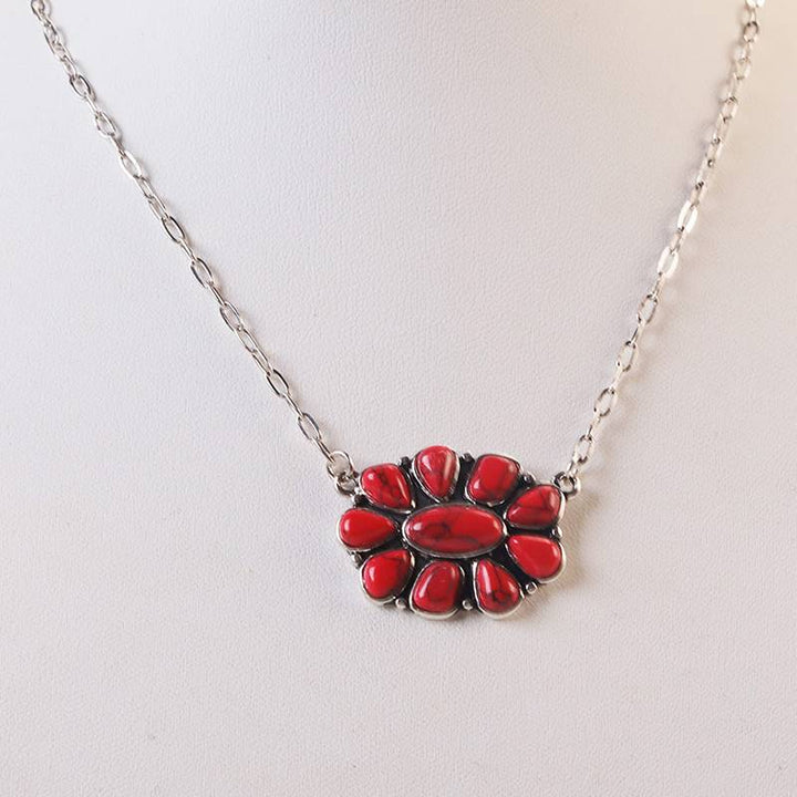 Collier vintage bohème turquoise à fleurs pour femme - Rouge - image 7