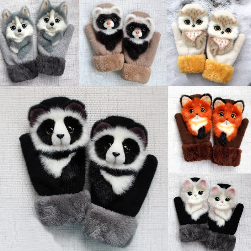 Gants mitaines en fourrure d'animaux mignons pour femmes