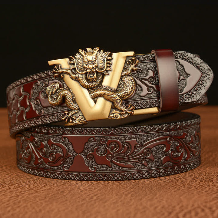 Ceinture en cuir avec motif dragon en relief et lettre V pour homme