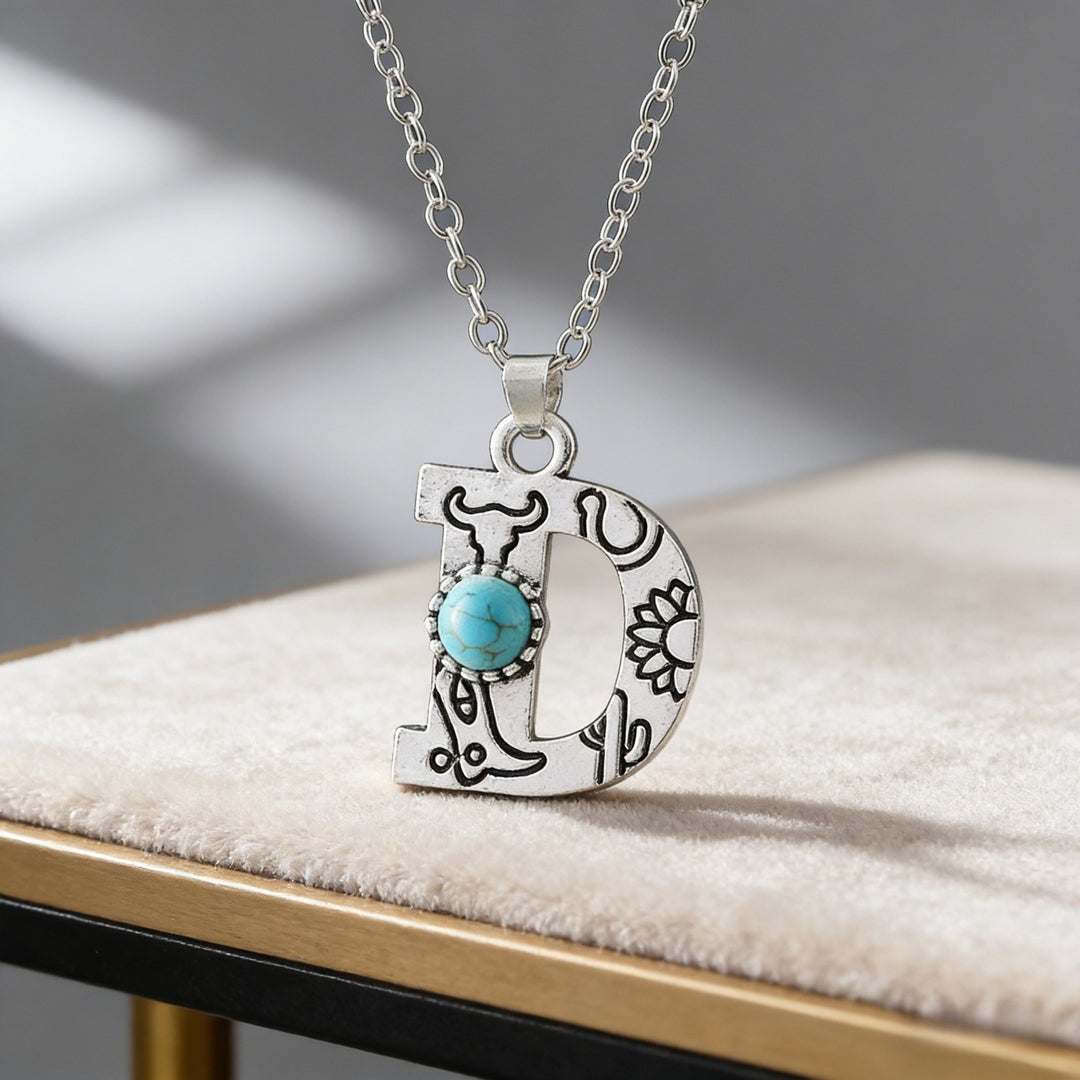 Collier vintage avec pendentif turquoise et initiale - D - image 6