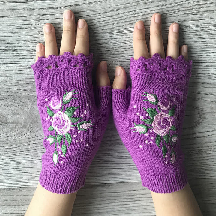 Gants tricotés demi-doigts brodés de fleurs pour femmes