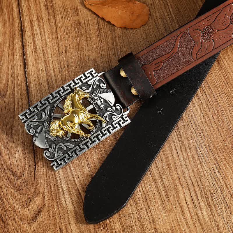 Ceinture en cuir à boucle géométrique pour homme avec cheval au galop