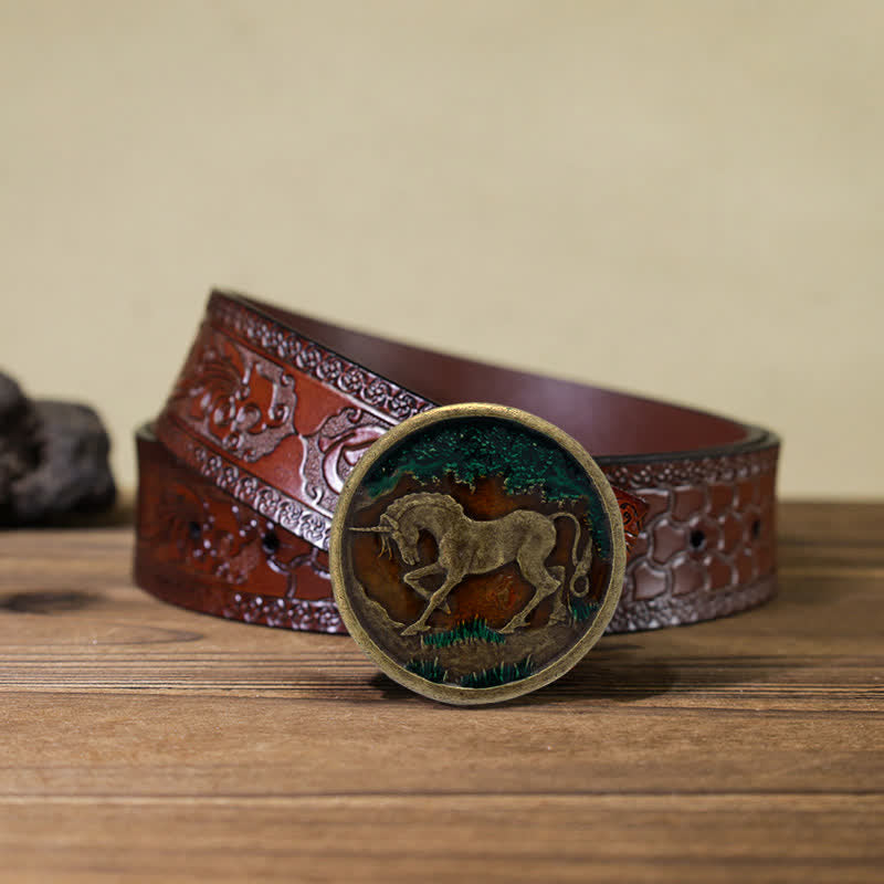 Ceinture en cuir à boucle en bronze antique pour homme avec licorne mystique