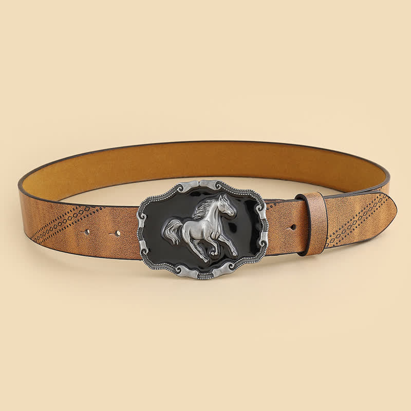 Ceinture en cuir classique argentée pour homme avec boucle en forme de cheval au galop