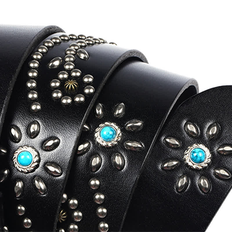 Ceinture en cuir véritable turquoise à rivets punk pour homme avec taureau à longues cornes