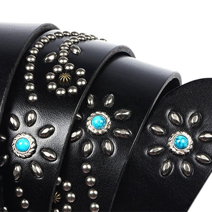 Ceinture en cuir véritable turquoise à rivets punk pour homme avec taureau à longues cornes
