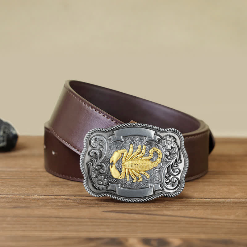 Ceinture en cuir à boucle animalière sculptée en or pour homme - Scorpion - Ceinture en PU marron (40) - image 59