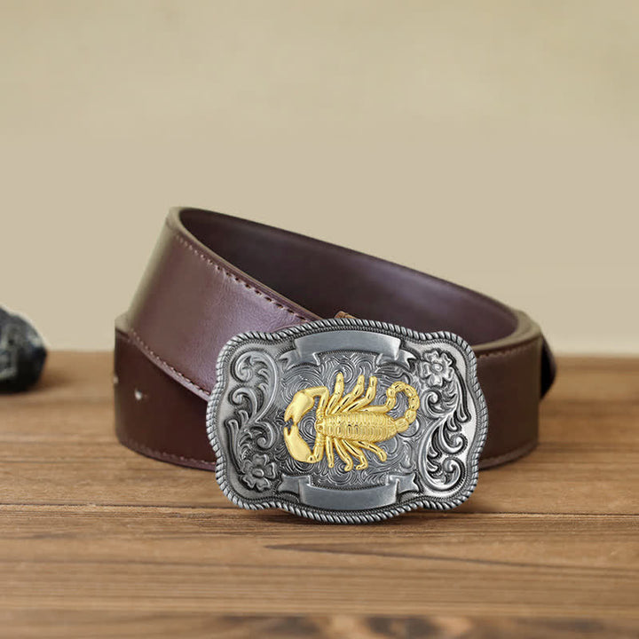 Ceinture en cuir à boucle animalière sculptée en or pour homme - Scorpion - Ceinture en PU marron (40) - image 59