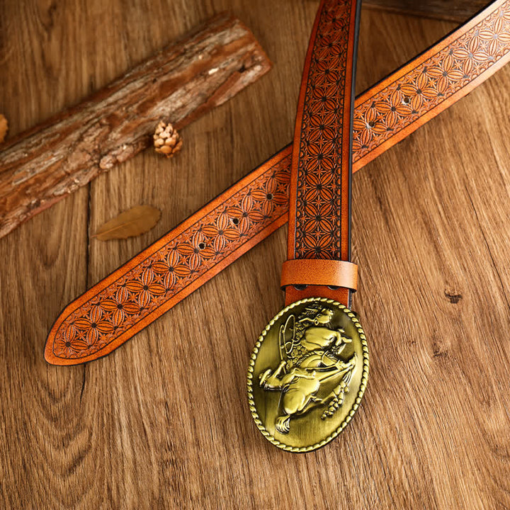 Ceinture en cuir à boucle géométrique pour homme avec cheval au galop
