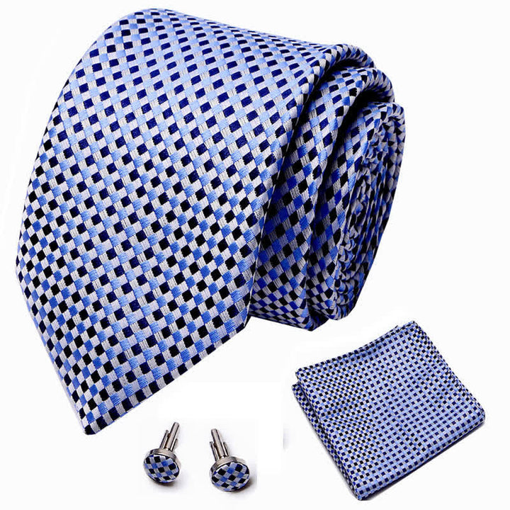 Ensemble de 3 cravates tissées à carreaux bleu et noir pour homme