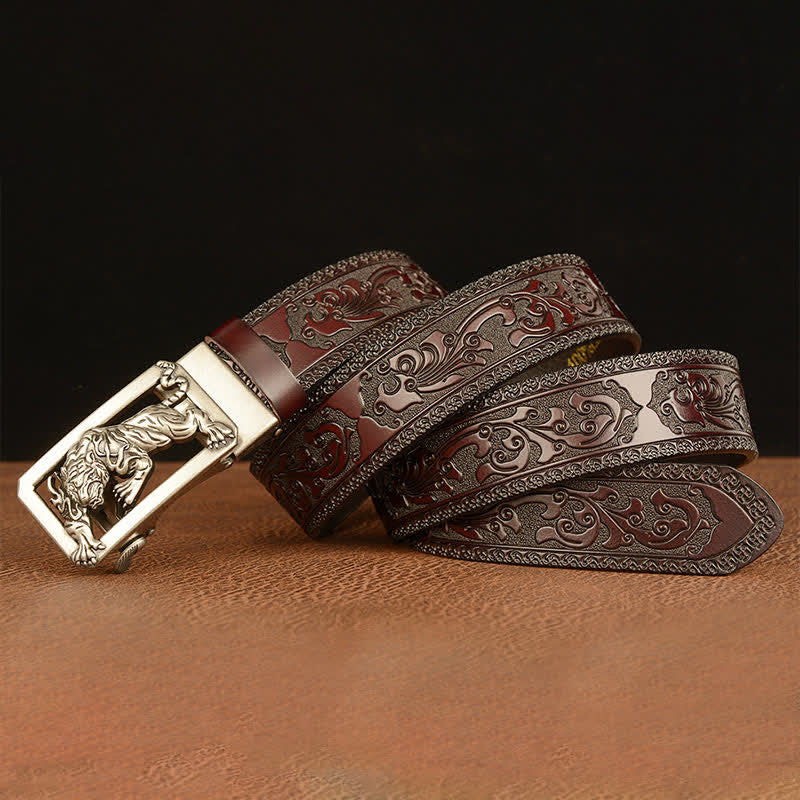 Ceinture en cuir à motif floral en relief avec boucle tigrée pour homme