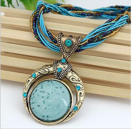 Collier bohème vintage fait main avec perles et pierres rondes - Bleu - image 6