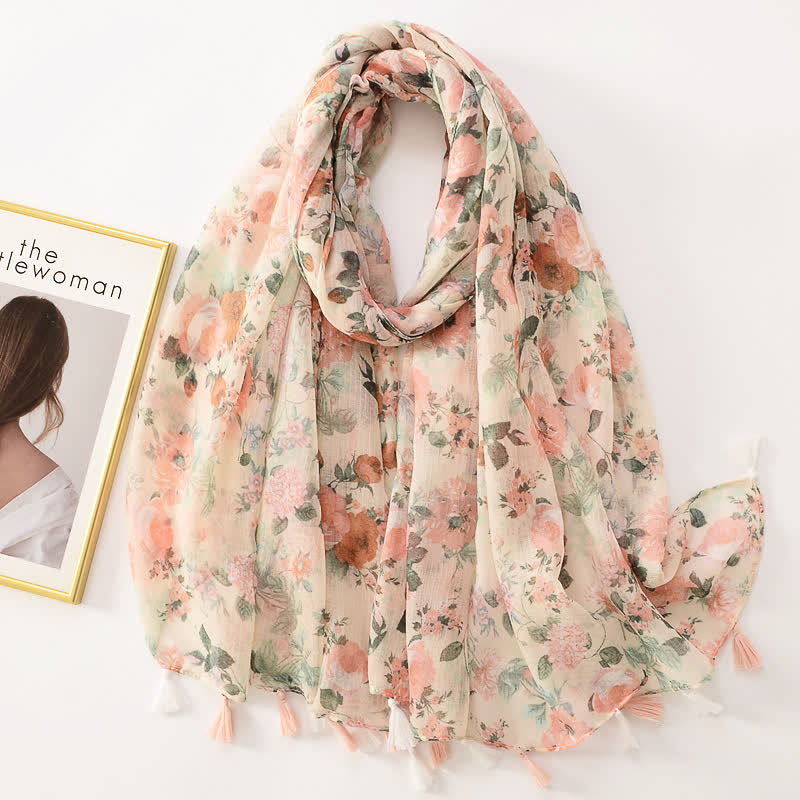 Écharpe fine à pompon et motif papillons floraux pour femme
