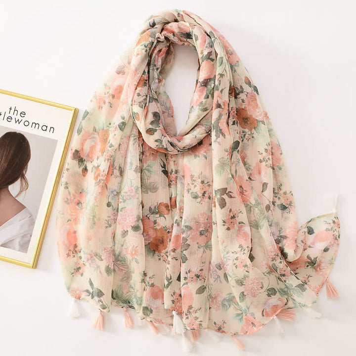 Écharpe fine à pompon et motif papillons floraux pour femme