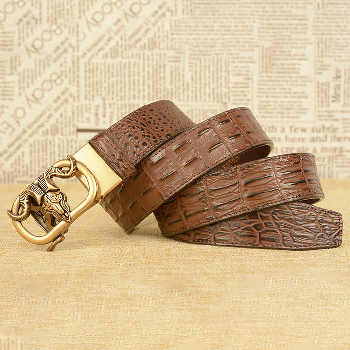 Ceinture en cuir à boucle automatique pour homme avec imprimé crocodile et tête de chèvre