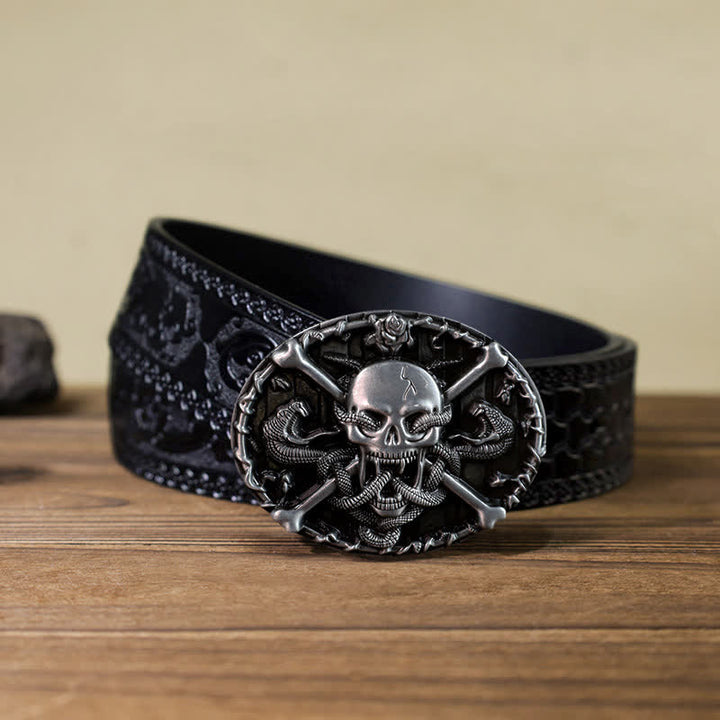 Ceinture en cuir à boucle serpent gothique pour homme avec tête de mort et croix